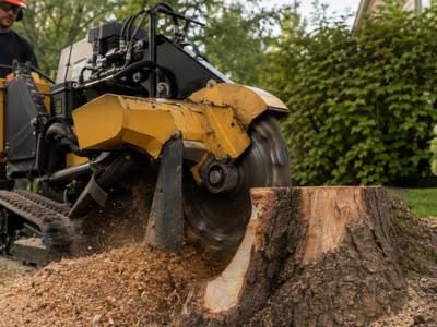 Wood chips spraying as a stump is ground below grade