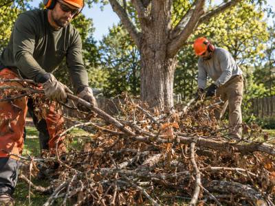 Dead branch being cut free from a tree over a yard