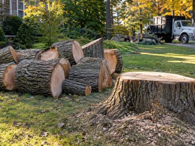 Large trunk sections on the ground after a tree removal