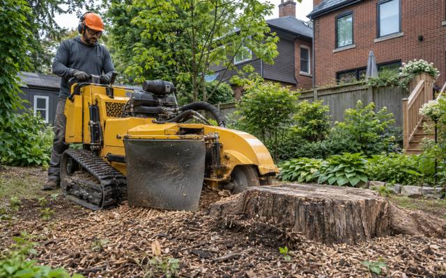 Stump grinder cutting an old stump down below the lawn